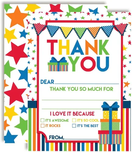 Amanda Creation Tarjetas de agradecimiento de cumpleaños para niños, lindas tarjetas de relleno en blanco a los niños les encanta escribir, paquete