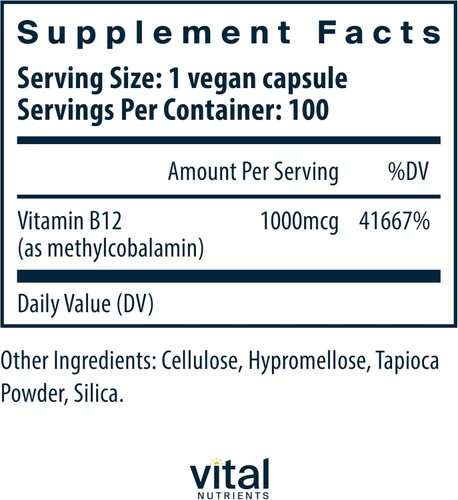 Miniatura 2 de Vital Nutrients Vitamina B12 1000mcg - Vegano - Metilcobalamina para el metabolismo, la salud cognitiva y del sistema nervioso* - Suplemento B12