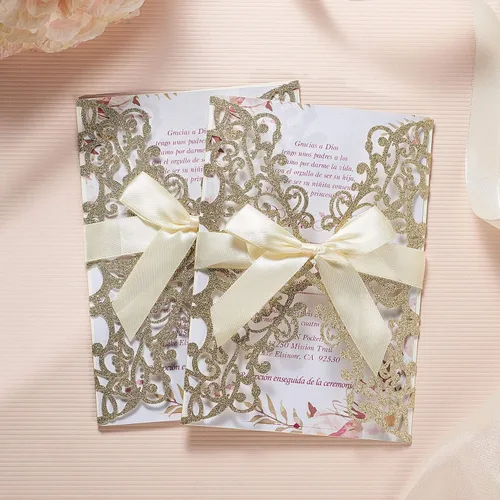 Miniatura 7 de AdasBridal 50 tarjetas de invitación de boda cortadas con láser con estampado floral, con sobre, hoja interior en blanco y cinta para boda, Dorado