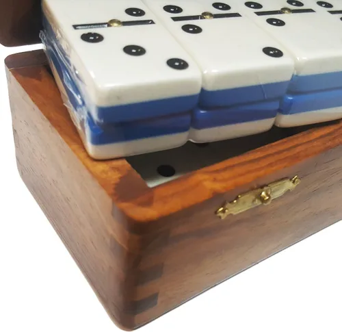 Miniatura 2 de Marion Dominó Doble Seis Dos Tonos Azul y Blanco Tamaño de Torneo Profesional Jumbo con Giradores en Caja de Madera de Sheesham Dovetail. Dos tonos