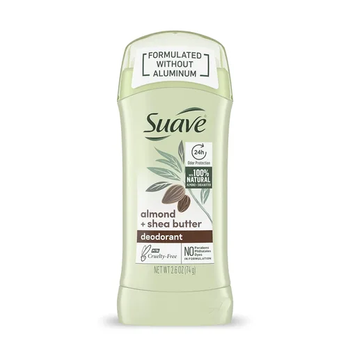Suave Desodorante sin aluminio para mujeres, protección contra olores las 24 horas, almendra y manteca de karité, libre de crueldad, 2.6 onzas
