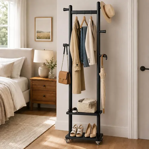 Estante de abrigos de madera maciza independiente con ruedas y 2 estantes de almacenamiento y 5 ganchos, estante de ropa resistente, árbol de