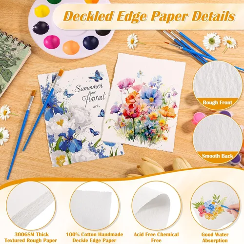Miniatura 3 de 50 hojas de papel de acuarela de borde deckled de 10.58 oz/m², papel de acuarela hecho a mano de 5 x 7 pulgadas, papel de algodón rugoso