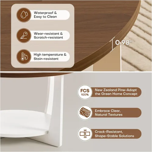 Miniatura 3 de BECHAEO Mesa de centro redonda de 31.5 pulgadas con patas de pino de madera maciza, mesa de centro rústica de 2 niveles con estante