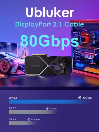Miniatura 4 de Ubluker Cable DisplayPort 2.1 de 80 Gbps de 3.3 pies, cable DP a DP certificado 4K 540Hz 360Hz 240Hz 165Hz 120Hz 16K 8K 240Hz Ultra alta tasa