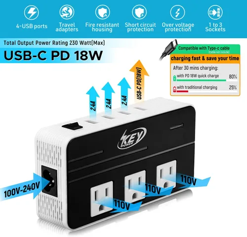 Miniatura 3 de Key Power Convertidor de voltaje reductor de 220 V a 110 V de 230 vatios y adaptador de viaje internacional/convertidor de corriente con puerto