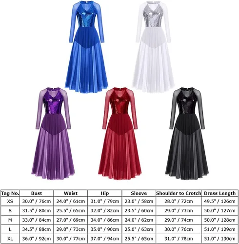 Miniatura 7 de AFAVOM Vestido de baile lírico para mujer, disfraz de baile contemporáneo, manga larga, malla de lentejuelas, falda de tul fluida, ropa de baile