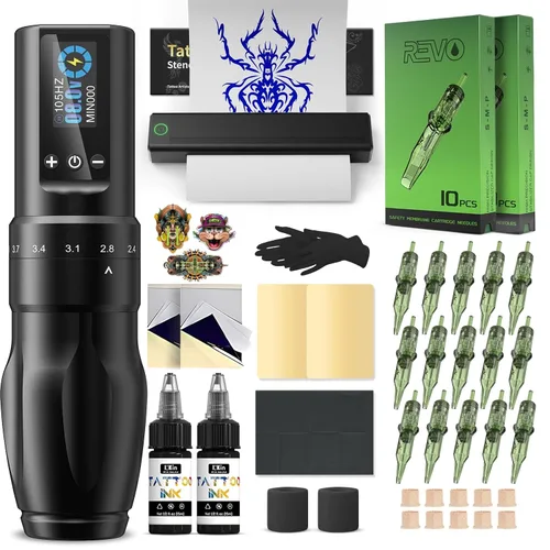 INKin Kit de tatuaje para principiantes, juego completo con impresora de plantillas de tatuaje, pistola de tatuaje con 7 tiempos 0.079-0.157 in y