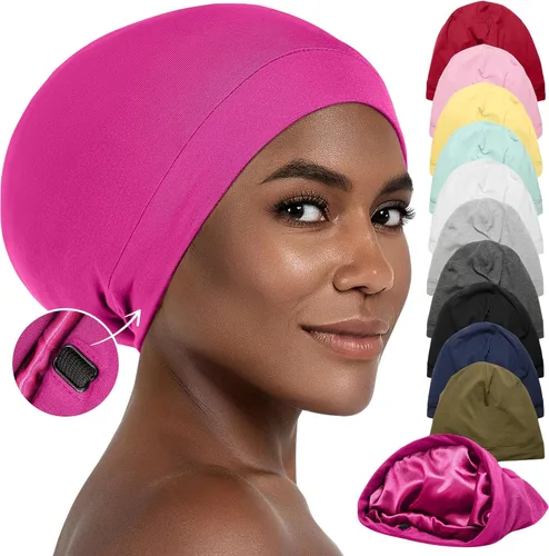 Miniatura 16 de CAPLORD Gorro de satén para dormir, envoltura de pelo rizado para hombres, gorros de seda ajustables para mujeres, gorro de seda para el cabello