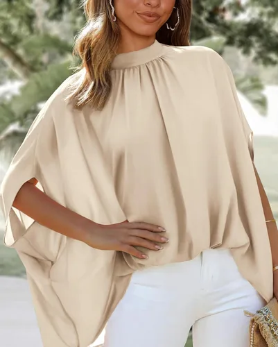 Miniatura 120 de BTFBM Blusas de verano para mujer, cuello alto falso, manga murciélago, holgadas, dobladillo alto y bajo, blusas informales de gran