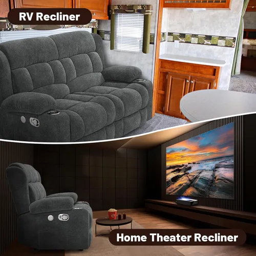 Miniatura 7 de Juego de Sofá Reclinable de Dos Plazas con 2+1 Piezas, Sillón Reclinable Minimalista de 2 Plazas con Pestaña de Tirón Manual, Tela con Puertos