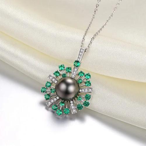 Miniatura 3 de VIKI LYNN 0.394-0.433 in AAA Negro Tahití Cultivado Perla Colgante Collar Joyería para Mujeres con Espinela Verde, Plata esterlina Perla Zirconia