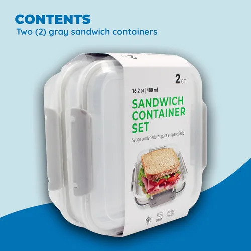 Miniatura 2 de Contenedor de sándwich: 2 unidades reutilizables, sin BPA, almacenamiento de alimentos de plástico con tapa a presión a prueba de fugas
