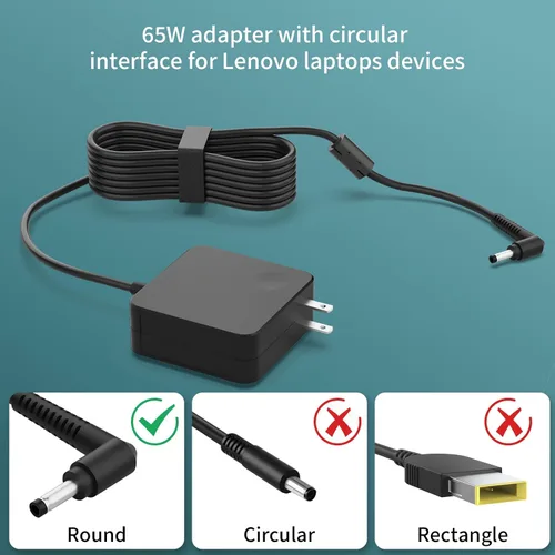 Miniatura 4 de Cargador para portátil Lenovo de 65 W, cable de alimentación alargado, adaptador de CA de punta redonda compatible con IdeaPad 1/3/5, Slim 3/5/7
