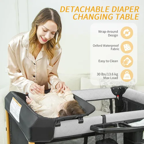 Miniatura 5 de Cuna de viaje junto a la cama para bebé con configuración de una mano, corral plegable 5 en 1, portátil con cuna, cambiador de pañales y colchón