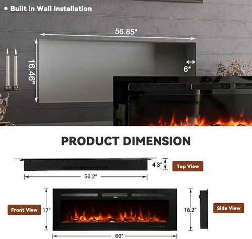 Miniatura 5 de Chimenea eléctrica montada en la pared y empotrada de 60 pulgadas con control remoto temporizador de 8 horas, 12 llamas, pantalla táctil, calentador
