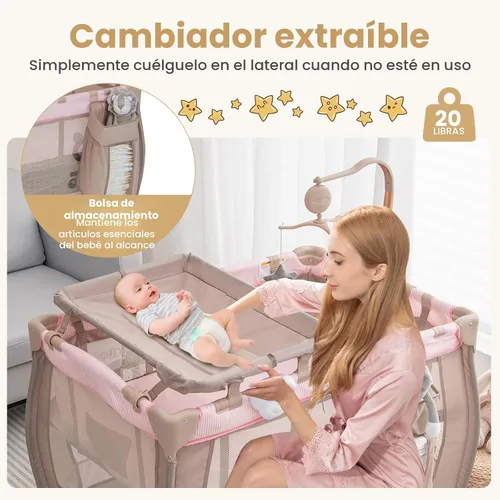 Miniatura 4 de Costzon 3 en 1 Rosa Pack and Play con Moisés, Corralito Portátil para Bebé con Mesa Cambiadora, Caja de Música, Juguetes Giratorios, Ruedas/Freno