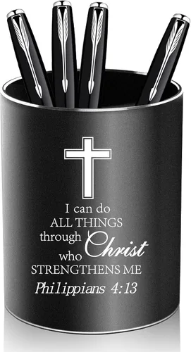 Miniatura 6 de Regalos cristianos, soporte de metal para bolígrafo, soporte de aluminio para escritorio, organizador de escritorio redondo y taza de lápiz negra