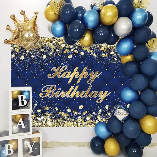 Miniatura 7 de Renaiss Telón de Fondo Banner de Feliz Cumpleaños de 5x3 pies Diamantes Reales Dorado Azul Fondo de Fotografía para Hombres Mujeres Fiesta