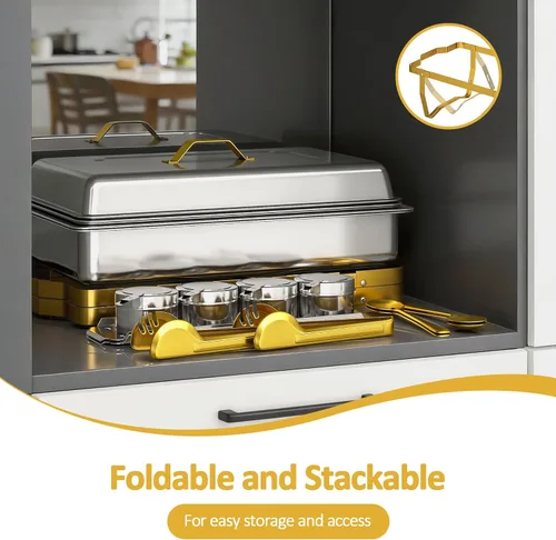 Miniatura 9 de Juego de 2 platos de 9 cuartos de galón para bufé, calentadores de alimentos de acero inoxidable dorado con utensilios de servir, soporte plegable