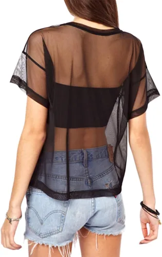 Miniatura 2 de WuLun Camisetas de malla transparente con estampado de letras de verano para mujer