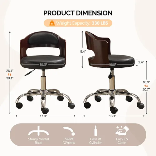 Miniatura 2 de VINGLI Silla de Escritorio de Oficina en Casa sin Brazos, Silla Giratoria Ajustable, de Doble Uso con/sin Ruedas, Pequeña Silla de Trabajo Curvada