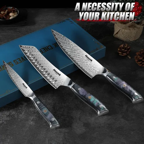 Miniatura 7 de Huusk - Juego de cuchillos japoneses de 3 piezas, juego de cuchillos de chef de acero inoxidable con funda y mango ergonómico de resina, cuchillos