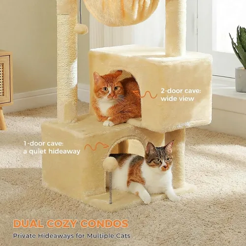 Miniatura 7 de Árbol para gatos de 45 pulgadas para gatos de interior, torre compacta para gatos con 2 condominios, cama hamaca y 5 juguetes de bola colgantes