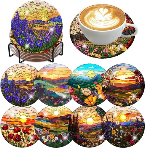 Miniatura 43 de ijbnhd 8 posavasos de pintura de diamante al atardecer con soporte, posavasos de arte abstracto de diamantes para principiantes, suministros
