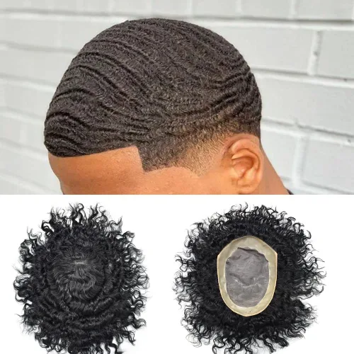 Miniatura 8 de Afro Curl Black Mens Toupee Afro Americano Unidades de Cabello para Hombres Negros Kinky Rizado Fino Mono Brasileño Cabello Humano Pelucas Hombres
