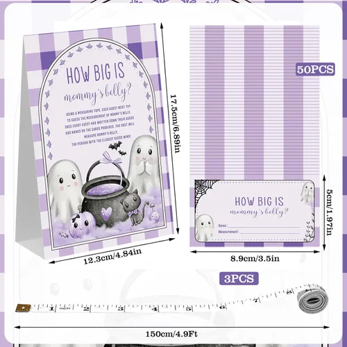 Miniatura 3 de Sinload Juego de 54 piezas con texto en inglés "A Baby Is Brewing Halloween" para baby shower, incluye cartel de pie con el vientre de mamá con 50