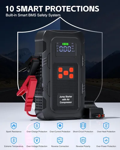 Miniatura 7 de Arrancador de 5000 A con compresor de aire, arrancador portátil de batería de coche con inflador de neumáticos de 150 PSI para motores de gasolina