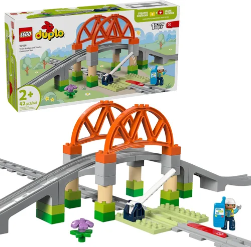 LEGO DUPLO Town - Juego de expansión de puente y pistas de tren, 10 piezas adicionales de vías de tren, juego de tren para preescolar y niños