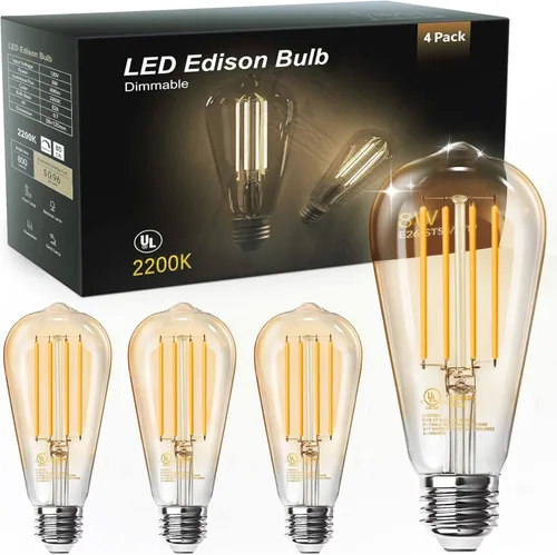 TJOY Paquete de 4 bombillas LED Edison ámbar vintage, equivalente a 60 W, regulables, 8 W, 800 lúmenes, blanco suave de 2200 K, ST58, bombillas de