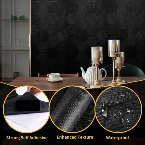 Miniatura 7 de Papel tapiz autoadhesivo negro autoadhesivo de 15.7 x 118 pulgadas, papel de contacto con relieve geométrico hexagonal 3D, extraíble, fácil