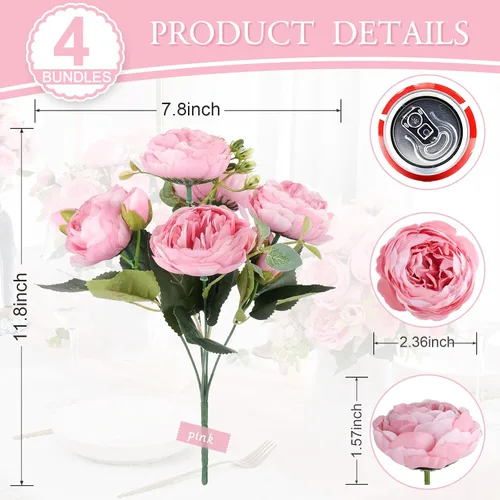 Miniatura 4 de Ramo de peonías artificiales de seda, 4 paquetes de rosas persas sintéticas con hojas de eucalipto para decoración del hogar, boda, fiesta