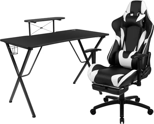 Miniatura 21 de Flash Furniture Juego de escritorio para juegos negro y silla de carreras blanco/negro con soporte para tazas, gancho para auriculares y soporte