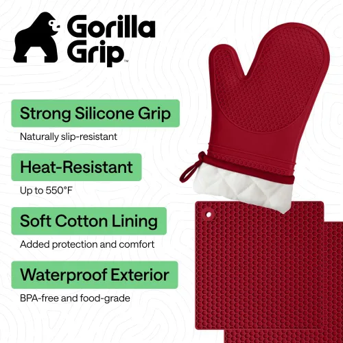 Miniatura 2 de GORILLA GRIP Juego de 4 manoplas de horno de silicona suave sin BPA y soportes para ollas, resistentes al calor, forro de algodón grueso, agarre Rojo