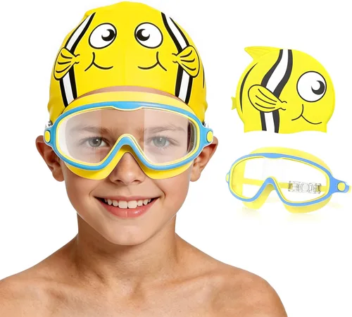 Miniatura 9 de Gafas de natación para niños de 3 a 8 años con gorro de natación, juego de gorras de natación con antivaho y anti-UV para niños y niñas pequeños