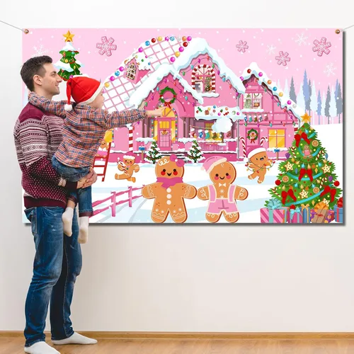 Miniatura 2 de Decoración de fondo navideño de pan de jengibre - Suministros festivos rosados alegres, accesorios de fotos de Candyland para decoración de letrero