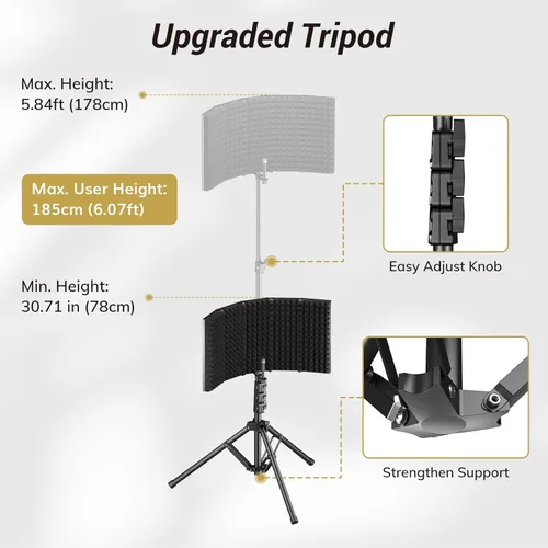 Miniatura 6 de TONOR Paquete de protectores de aislamiento para micrófono, escudo de espuma acústica con filtro pop y soporte para trípode, diseño plegable