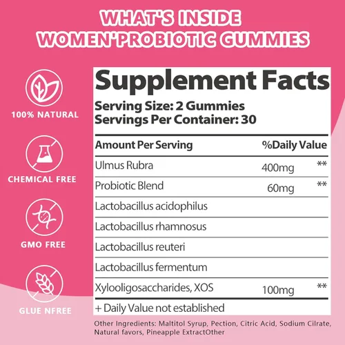 Miniatura 6 de Gomitas de probióticos vaginales femeninos, apoyan el equilibrio del pH y la salud digestiva, olmo resbaladizo para mujeres, sin suagr, veagn, sabor