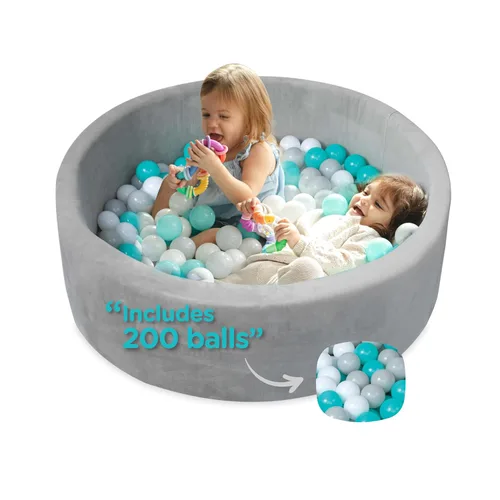 Nuby Piscina de bolas de terciopelo, 200 bolas de colores incluidas, hoyo de espuma suave para bebés y niños pequeños, corral para interiores y Agua