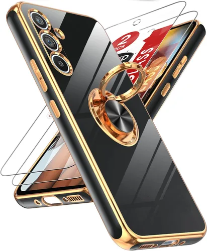 Miniatura 90 de LeYi Funda para Samsung Galaxy S22 Ultra con soporte de anillo giratorio de 360°, soporte magnético, chapado en oro rosa, borde protector para Negro