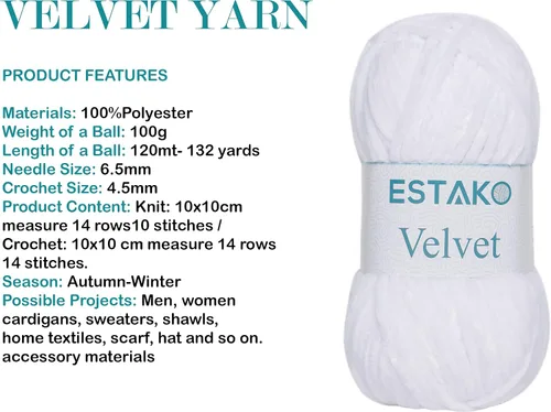 Miniatura 2 de Estako Velvet (Paquete de 3 madejas) Hilo de Chenilla para Amigurumi para Crochet y Tejido Súper Grueso 3x100 gr (3x120 m) (1110 - Blanco)