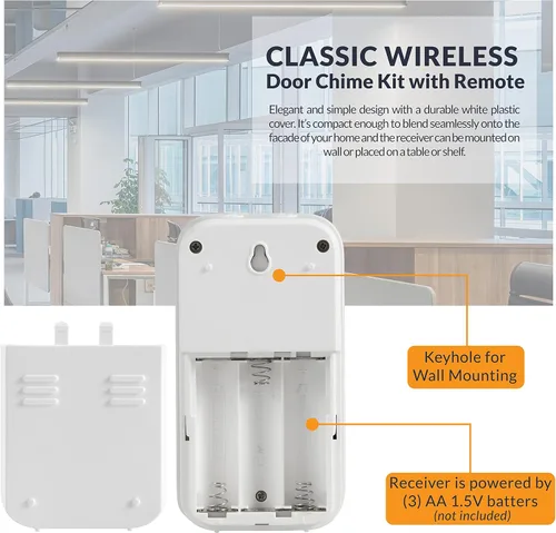 Miniatura 4 de Newhouse Hardware WCMB - Kit de timbre inalámbrico con batería blanca Timbre de puerta funciona con pilas, timbre de timbre para aula, hogar