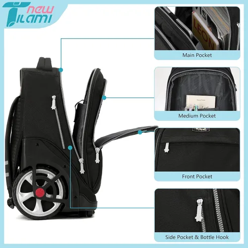 Miniatura 13 de NEW TILAMI Mochila con ruedas de 19 pulgadas con bolsa de almuerzo para niñas y niños, mochila para laptop con ruedas, bolsa de mano duradera