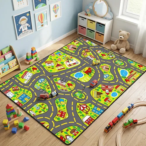 Miniatura 15 de Alfombra de juego para niños (2.6 x 5 pies), 2 unidades, alfombra de carretera para niños, alfombra de mapa de ruta de la ciudad, alfombra