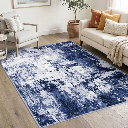 Miniatura 17 de KOZYFLY Tapete de entrada abstracto de 2 x 3 pulgadas, lavable, antideslizante, suave, para área pequeña, color azul y beige, moderno, a rayas