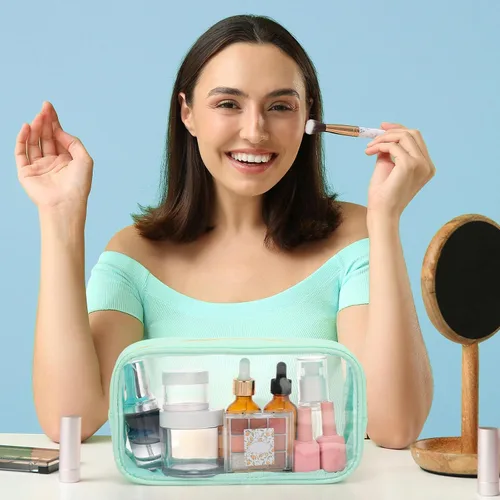 Miniatura 7 de 9 bolsas de maquillaje transparentes de felpilla para bricolaje, bolsa grande de nailon para maquillaje, artículos de aseo de viaje, con cremallera
